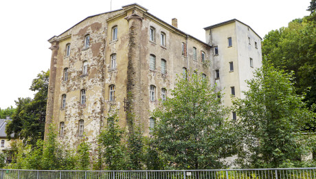 Nördliche Ansicht der Evan'schen Spinnmühle im 19. Jahrhundert (Repro einer Tuschezeichnung aus dem Nachlass von Dr. Walter Hentschel in den wissenschaftlichen Sammlungen des LfD Sachsen)