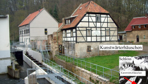 Foto: Kunstwärterhäuschen mit Umfeld; eingeblendet: hist. Gemäldeauszug